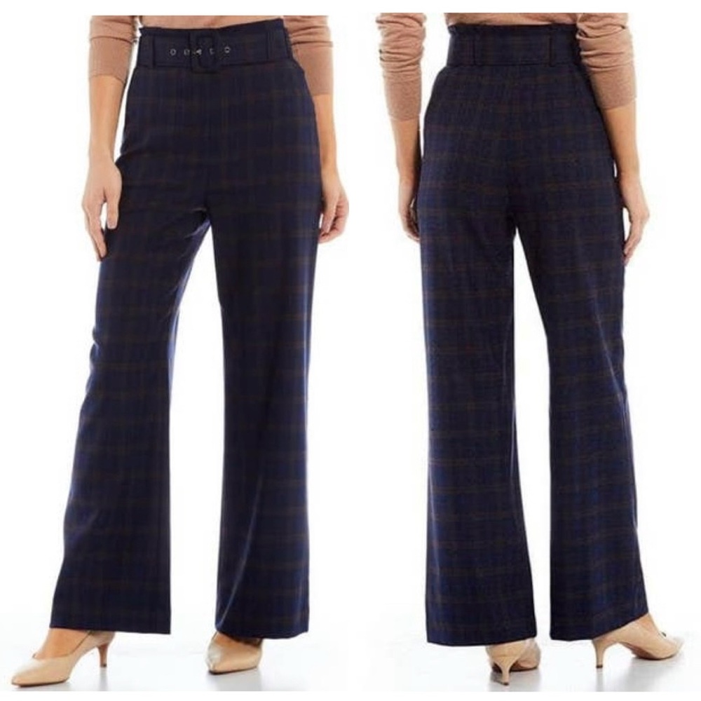 Alex Marie Blue & Camel Wide Leg Plaid Pants With Belt